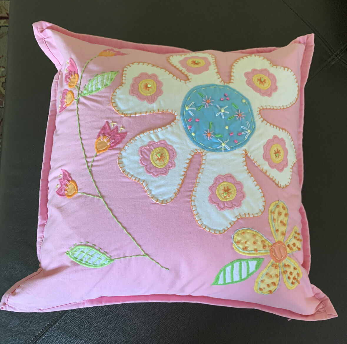 Pottery Barn Kids Pink Embroidered Flower Patches SHAM 16x16 Cover & Insert - Fresh Stock Dated February 2026