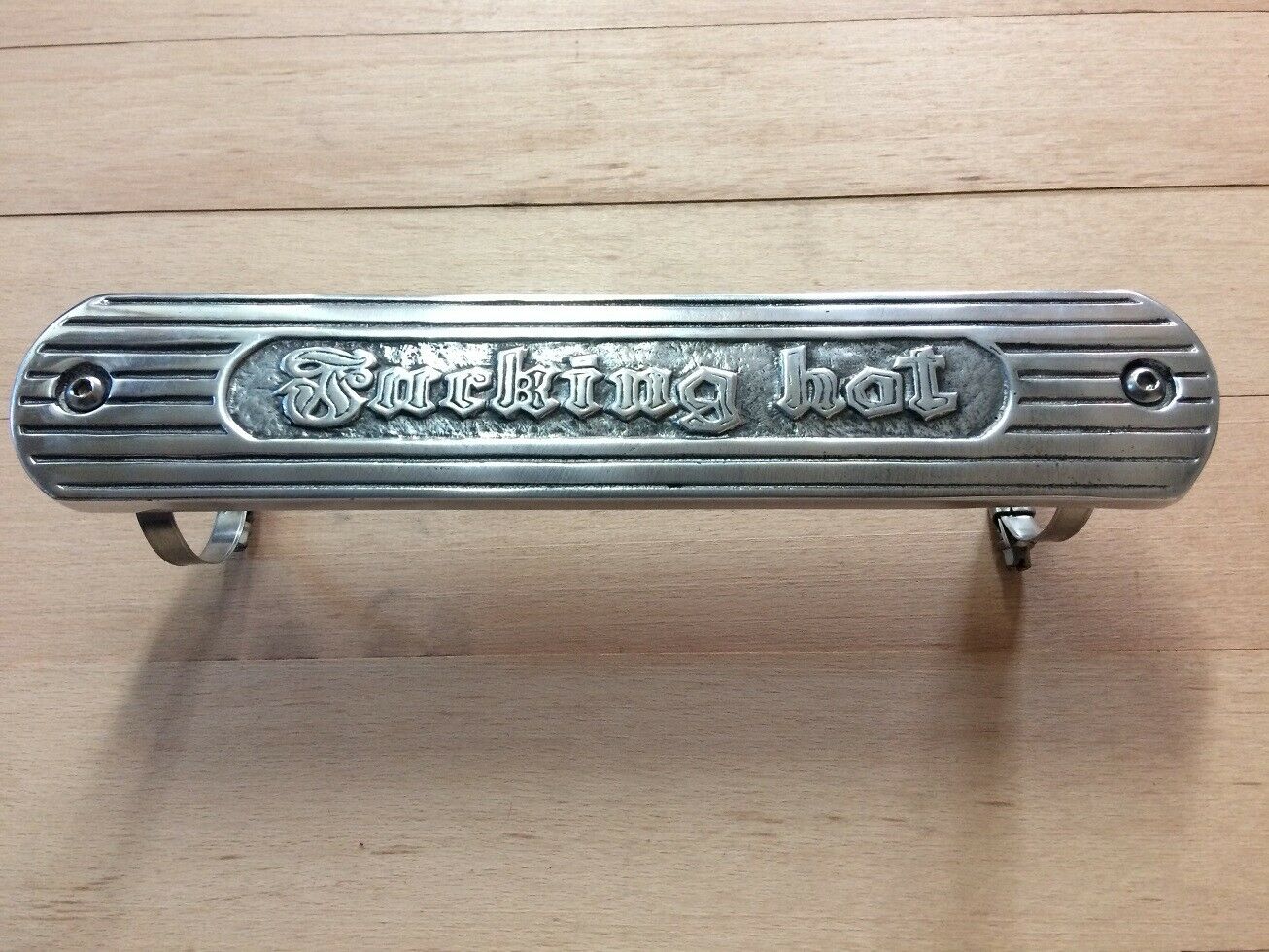 Motorcycle exhaust heat shield F*** Hot Cast Metal indian Harley chopper bobber - Fresh Stock Dated February 2026