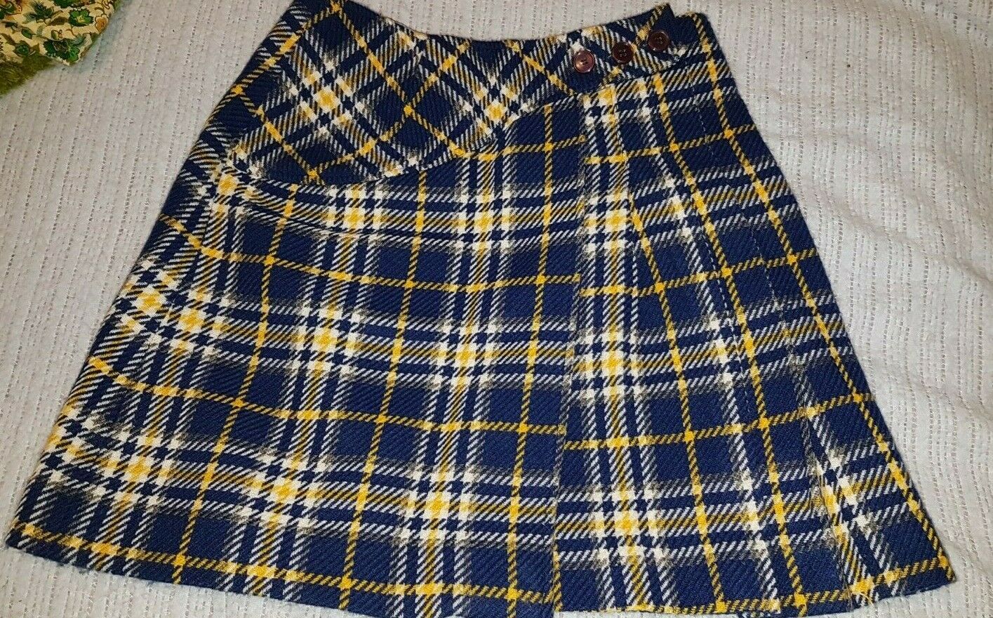 Vintage Miss Holly Pleated Plaid Skirt Acrylic 70'S Japan Size 16 Navy gold whi - Fresh Stock Dated February 2026