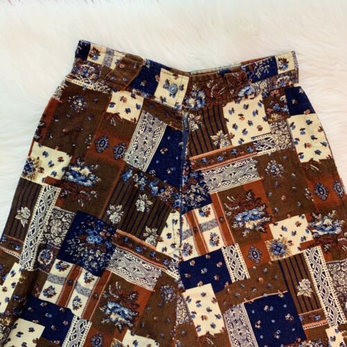 Vintage 1970s Corduroy Patchwork Midi Skirt Floral Brown Navy Earth Tone 26” S - Fresh Stock Dated February 2026