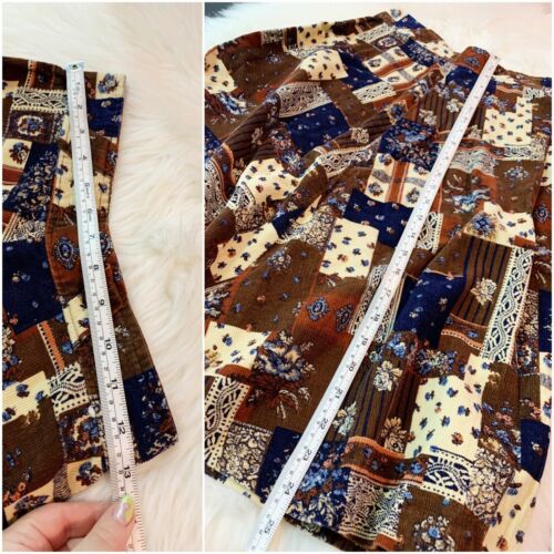 Vintage 1970s Corduroy Patchwork Midi Skirt Floral Brown Navy Earth Tone 26” S - Fresh Stock Dated February 2026