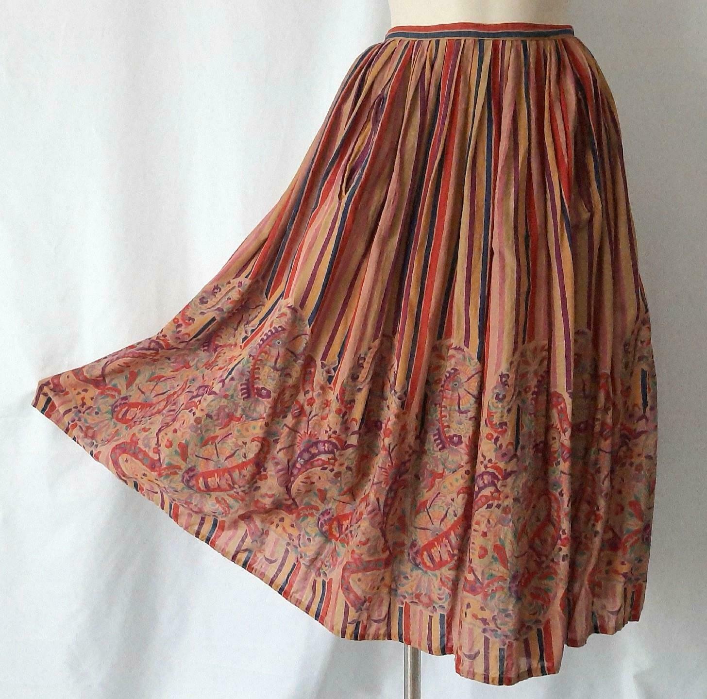WHIMSICAL BOHO STRIPED PAISLEY COTTON Vintage 70s A-line SKIRT - 25 inch waist - Fresh Stock Dated March 2026