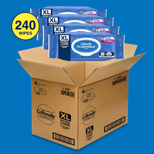 Cottonelle XL Flushable Wipes, Extra Large, 4 Flip-Top Packs, 60 Wipes per Pack - Fresh Stock Dated February 2026