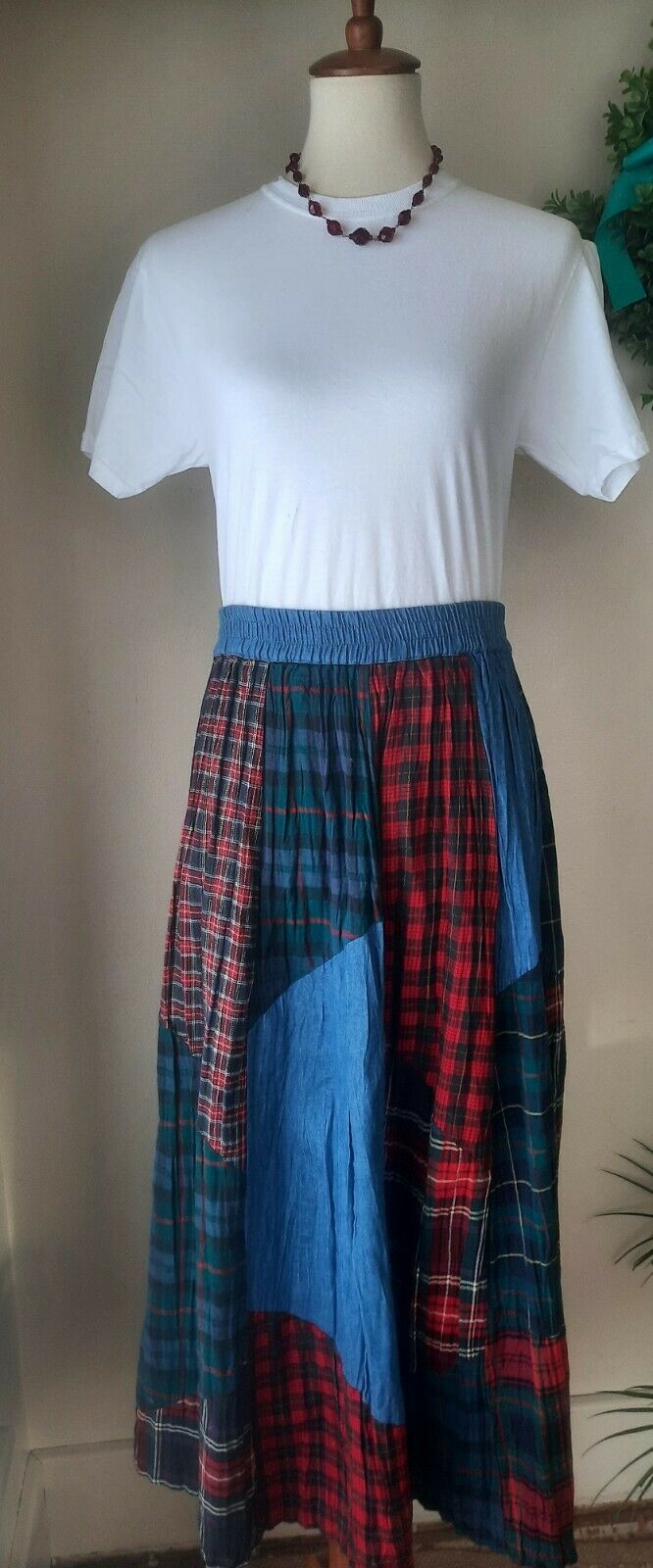 Vintage 80s 90s denim + patchwork crinkle prairie skirt L - Fresh Stock Dated February 2026