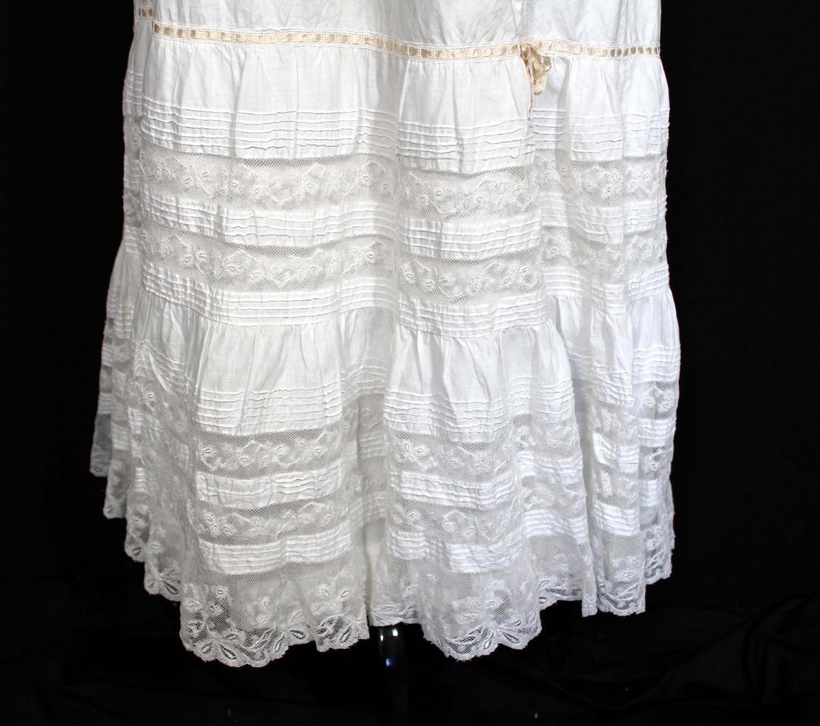 ANTIQUE FRENCH LONG VICTORIAN  WHITE COTTON PETTICOAT WITH LACE TRIM 22