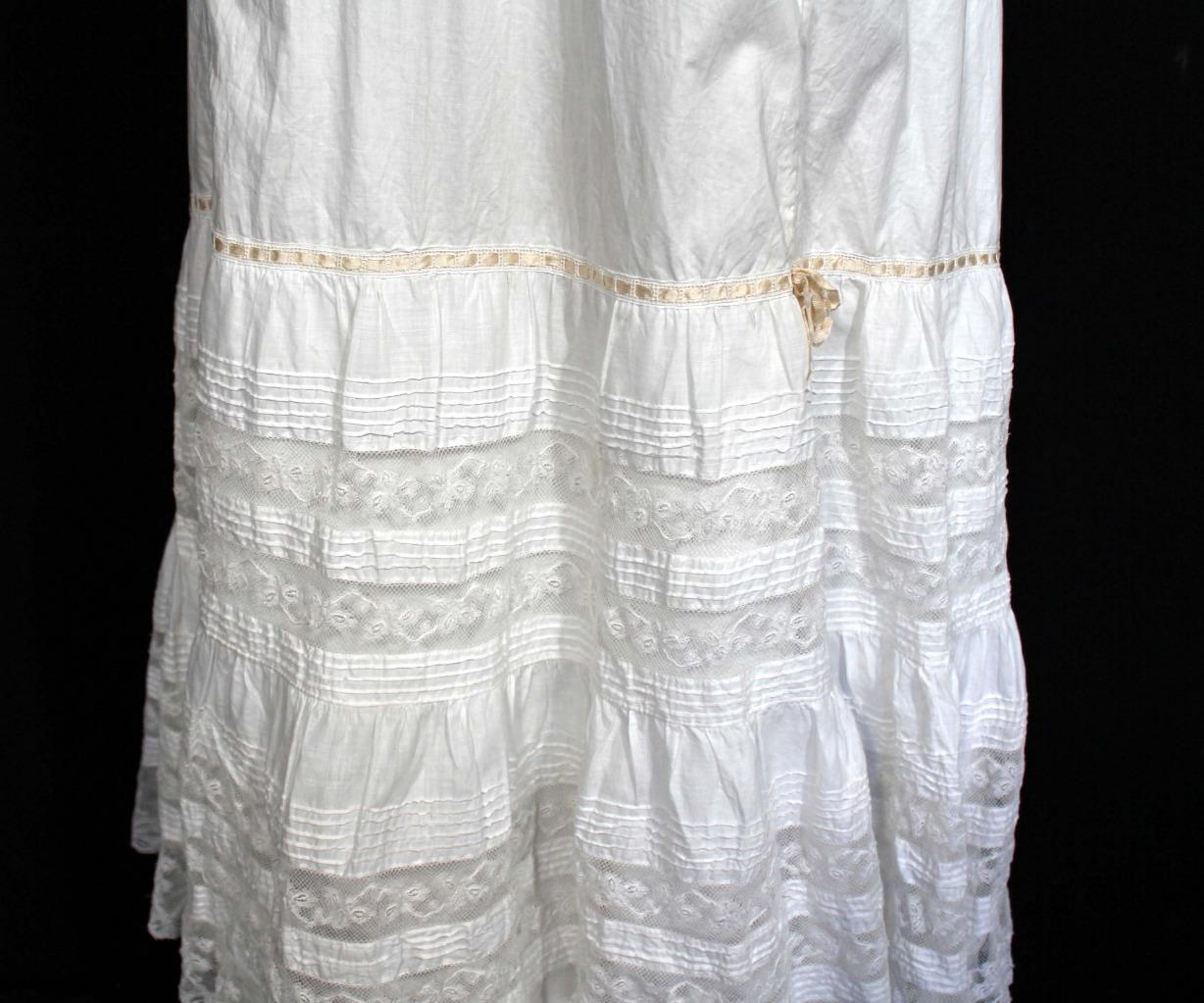 ANTIQUE FRENCH LONG VICTORIAN  WHITE COTTON PETTICOAT WITH LACE TRIM 22