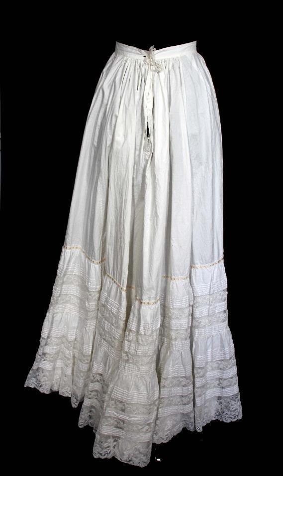 ANTIQUE FRENCH LONG VICTORIAN  WHITE COTTON PETTICOAT WITH LACE TRIM 22