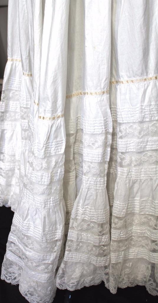 ANTIQUE FRENCH LONG VICTORIAN  WHITE COTTON PETTICOAT WITH LACE TRIM 22