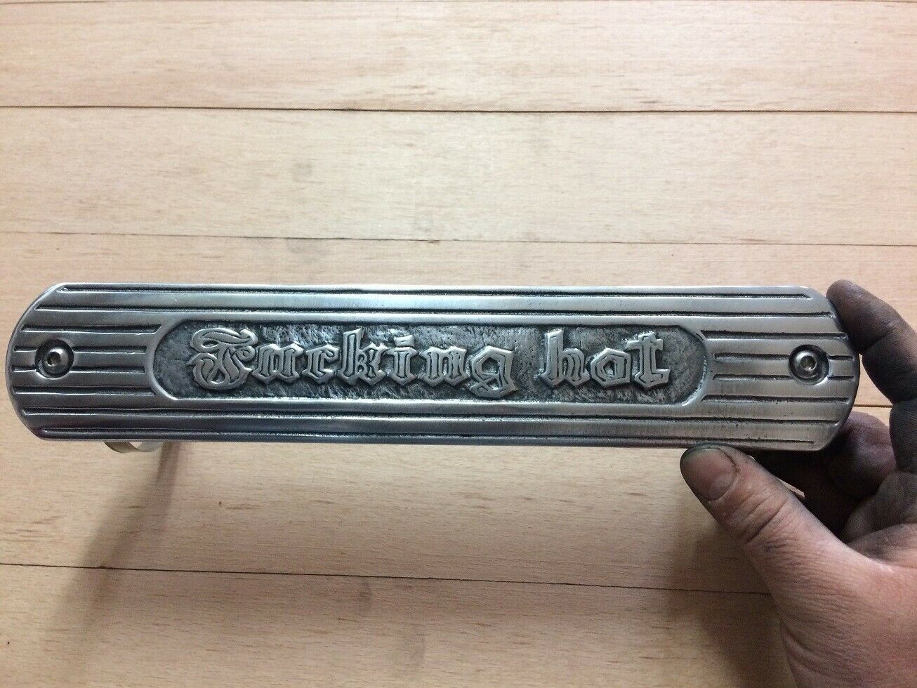 Motorcycle exhaust heat shield F*** Hot Cast Metal indian Harley chopper bobber - Fresh Stock Dated February 2026