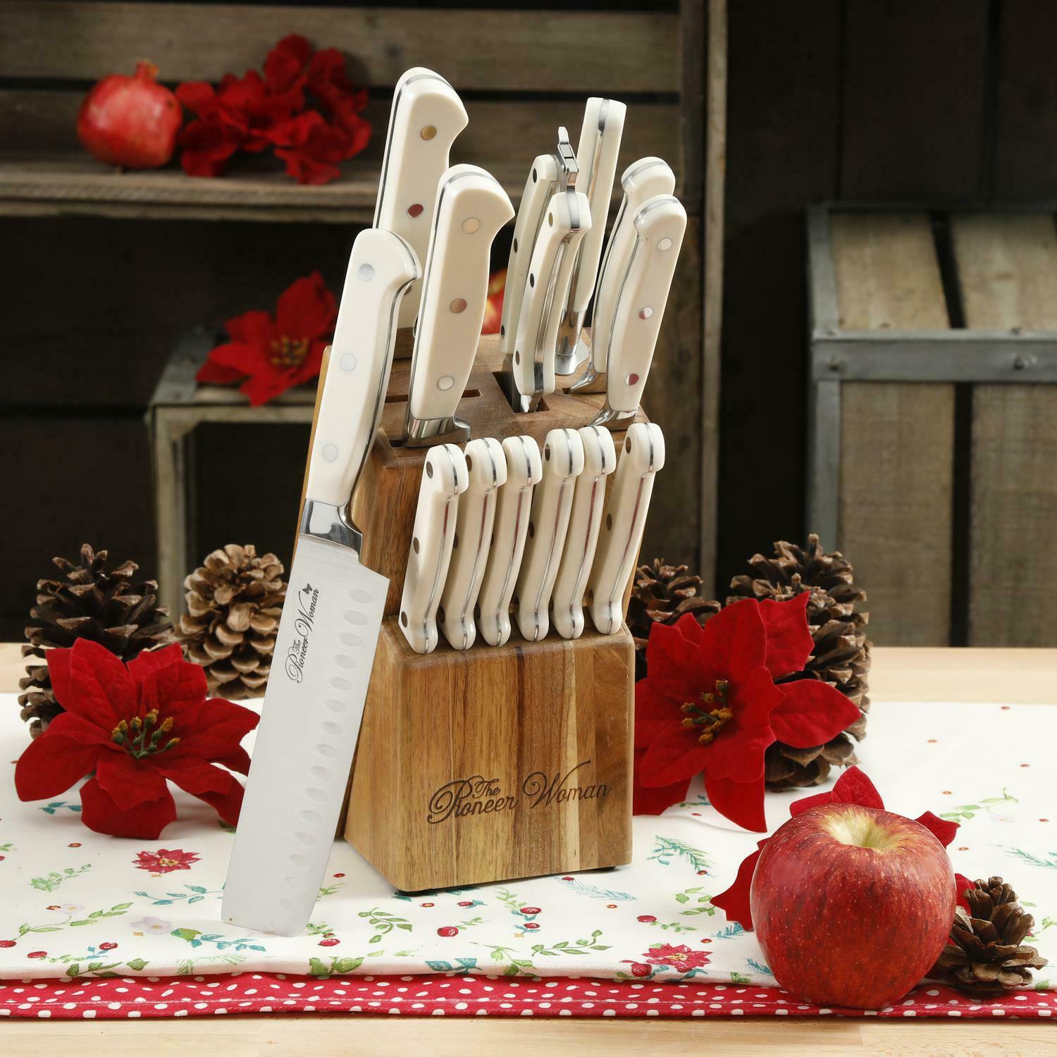 Pioneer Woman Cutlery Set Stainless Steel Kitchen Knives Wood Block Knife Set - Fresh Stock Dated December 2025