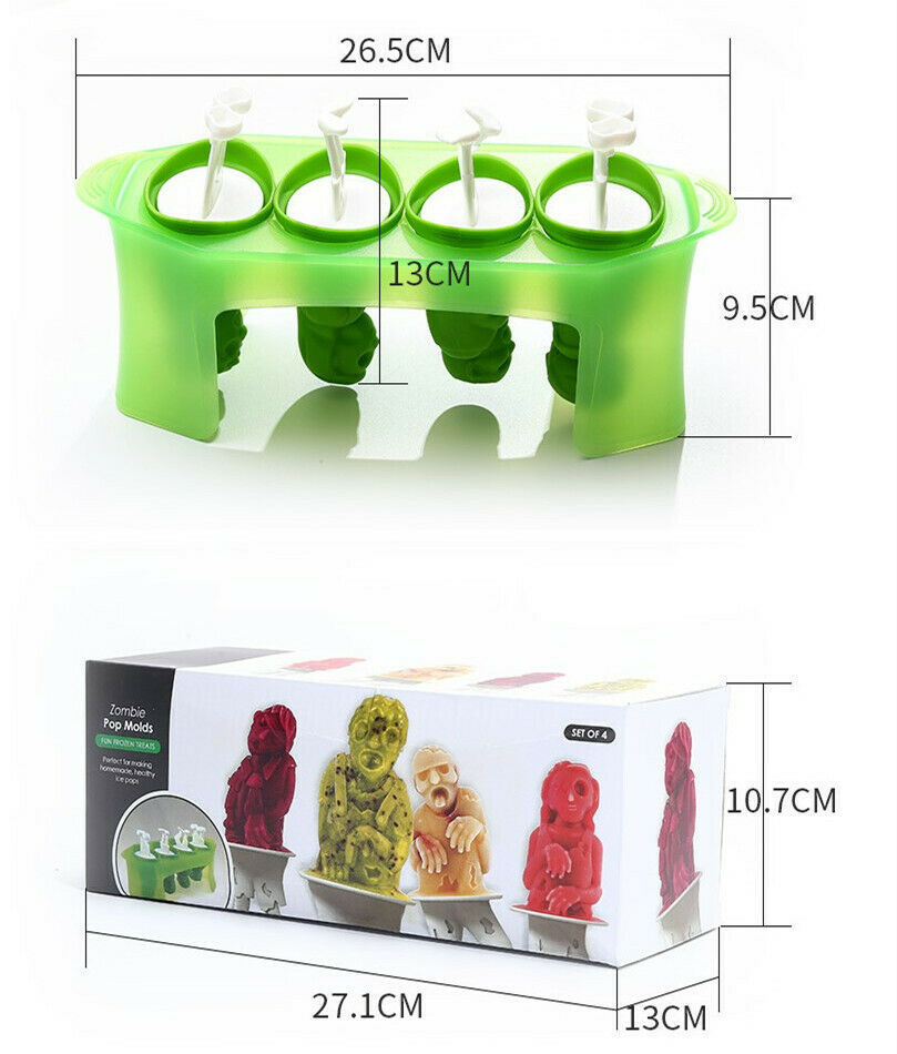Zombie Popsicle Mold Skull Ice Pop Molds Set of 4 Popsicle Makers with sticks - Fresh Stock Dated December 2025