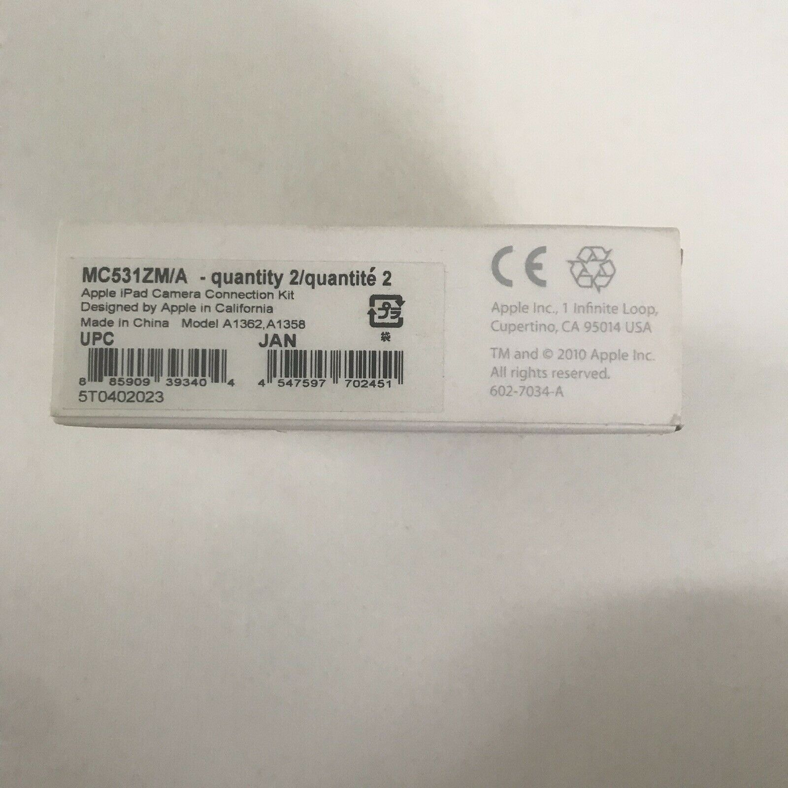 Genuine Apple iPad iPod Camera Connection Kit MC531ZM/A Model A-1362 A-1358 - Fresh Stock Dated February 2026