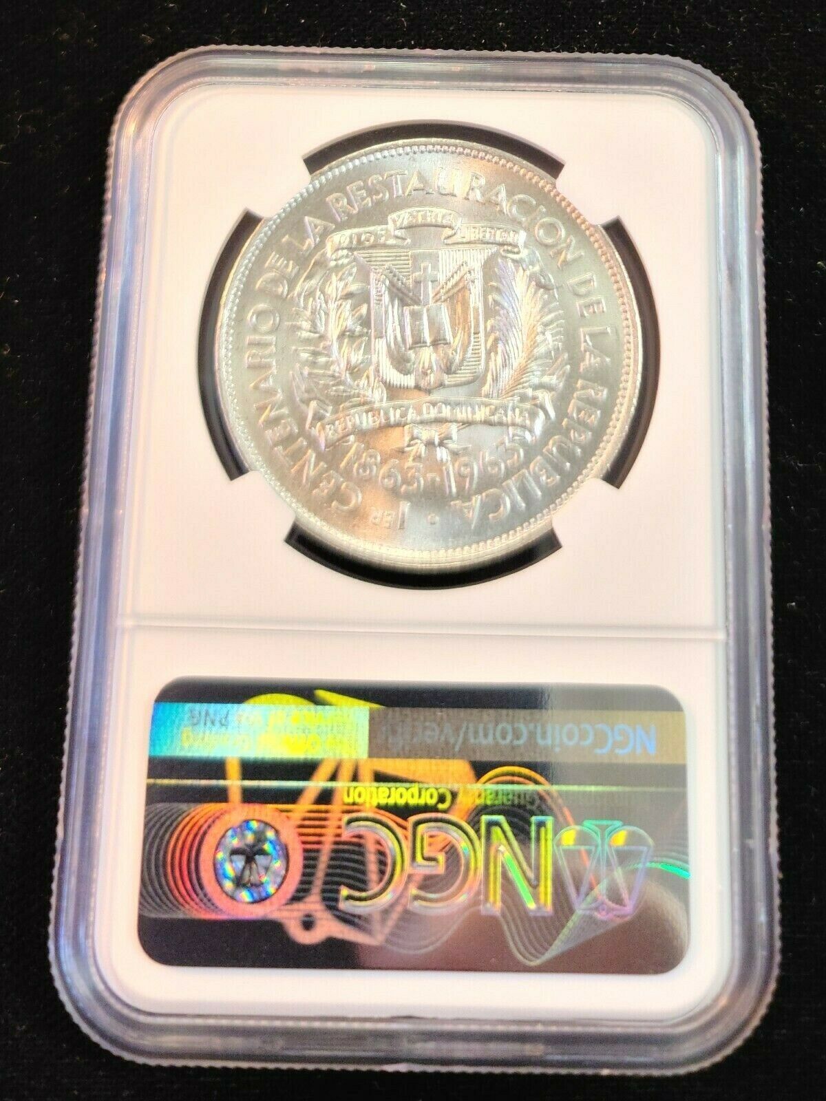 1963 DOMINICAN REPUBLIC SILVER 1 PESO REPUBLIC RESTORATION NGC MS 65 GEM BU - Fresh Stock Dated December 2025