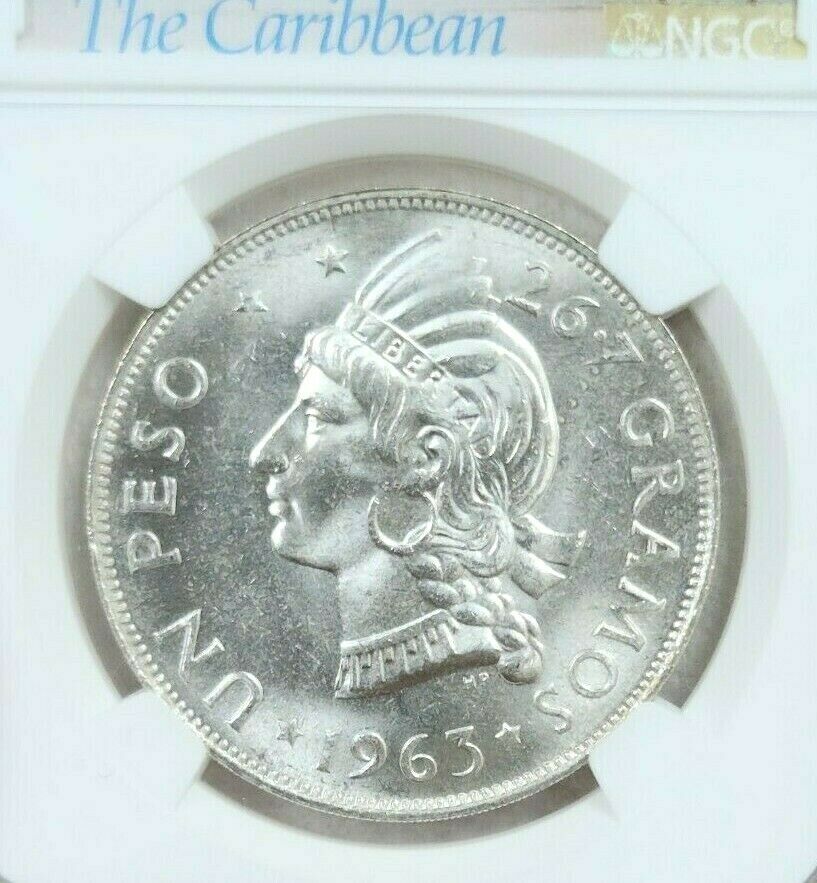 1963 DOMINICAN REPUBLIC SILVER 1 PESO REPUBLIC RESTORATION NGC MS 65 GEM BU - Fresh Stock Dated December 2025