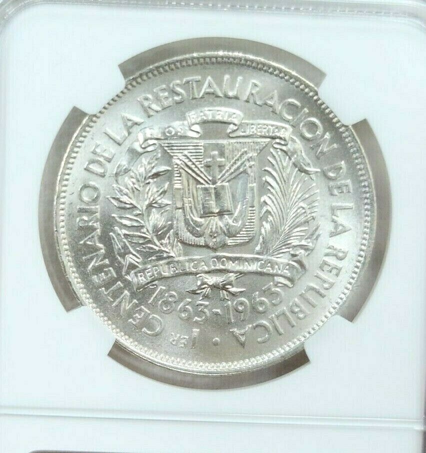 1963 DOMINICAN REPUBLIC SILVER 1 PESO REPUBLIC RESTORATION NGC MS 65 GEM BU - Fresh Stock Dated December 2025
