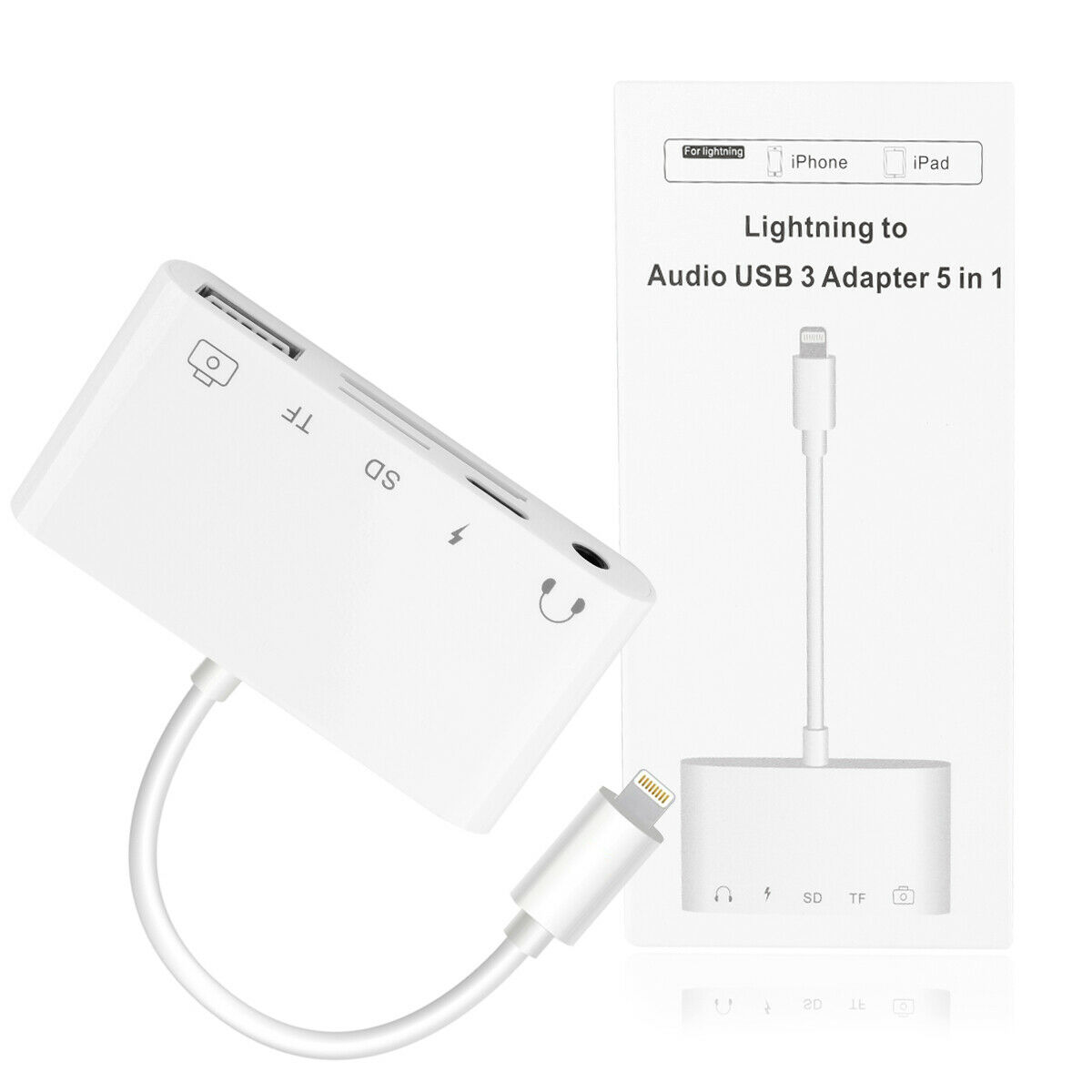 5-IN-1 iPhone 12 Adapter Coupler  SD/TF Card Reader Hub 3.5mm Audio USB Port USA - Fresh Stock Dated December 2025