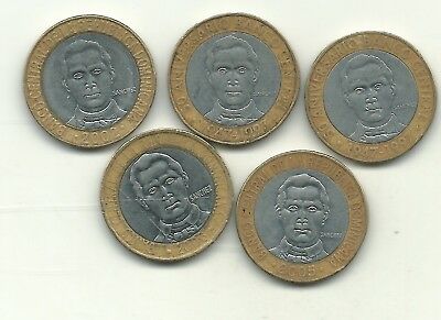 LOT 5 DOMINICAN REPUBLIC BIMETAL 5 PESOS COINS-(2)1997,2002,2005,2008-NOV206 - Fresh Stock Dated December 2025