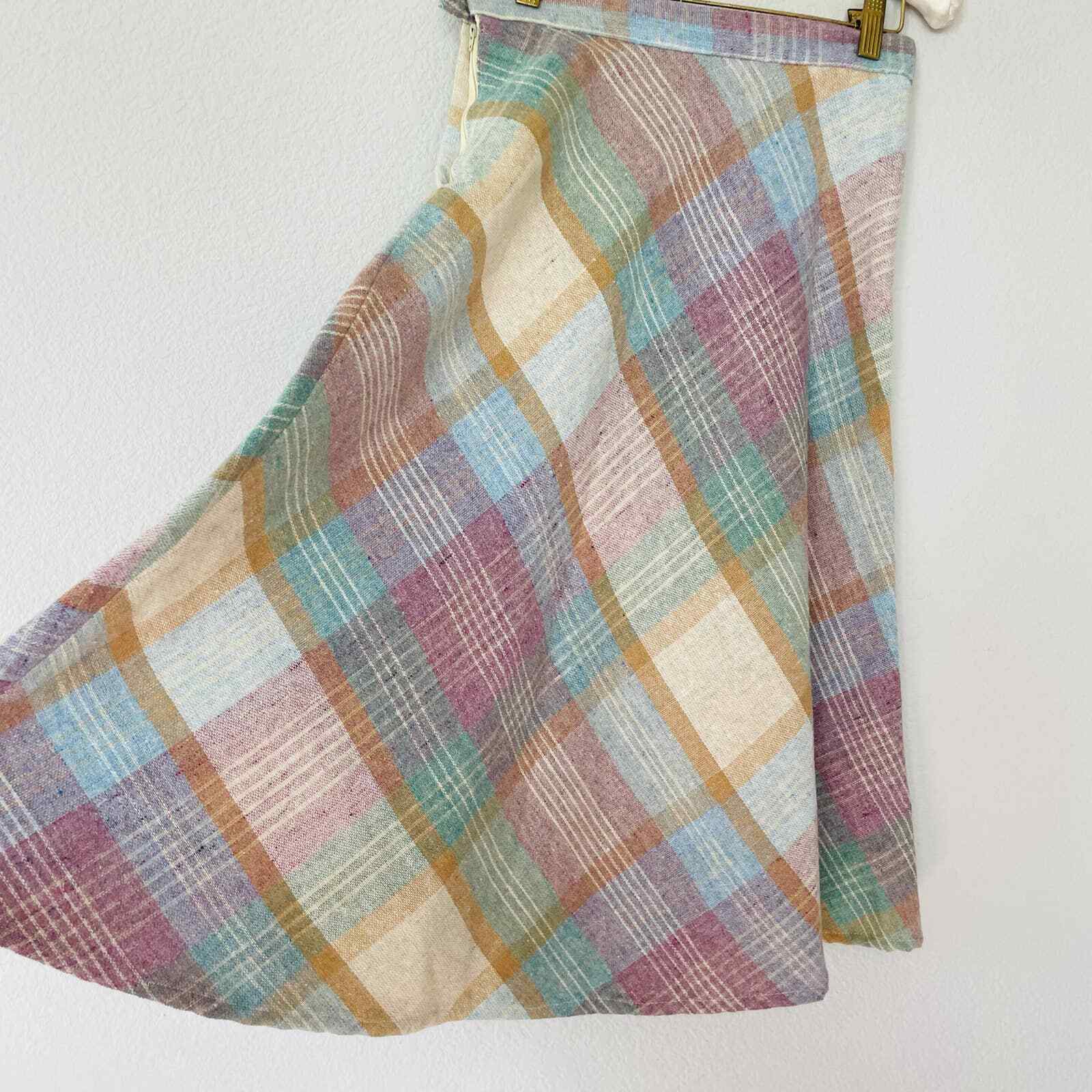 Vintage 70s plaid pastel pink blue cream a-line wool midi skirt sz XS 26