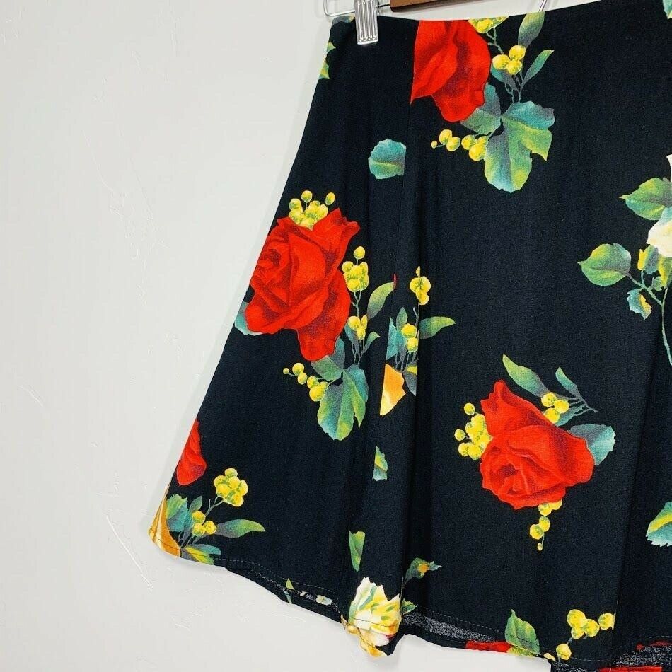 Vintage 90's Black Red Rose Floral Print High Waisted A-line Mini Skirt - Fresh Stock Dated February 2026