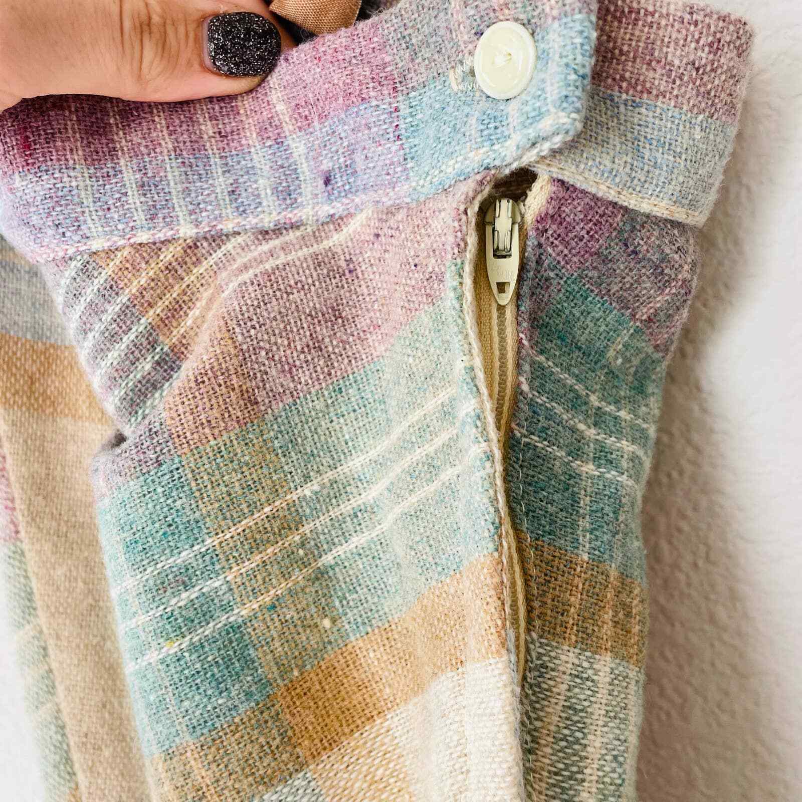 Vintage 70s plaid pastel pink blue cream a-line wool midi skirt sz XS 26