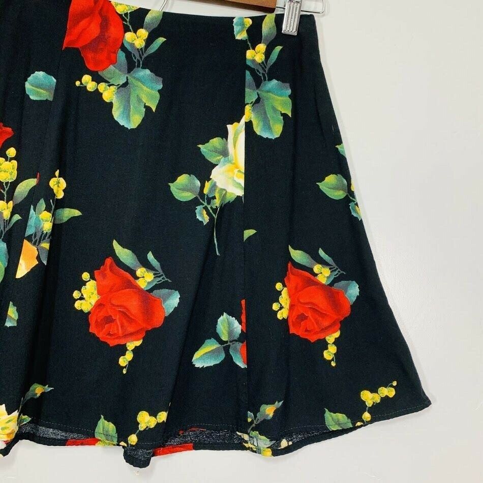 Vintage 90's Black Red Rose Floral Print High Waisted A-line Mini Skirt - Fresh Stock Dated February 2026