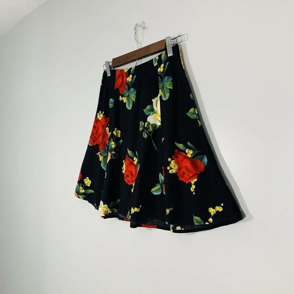 Vintage 90's Black Red Rose Floral Print High Waisted A-line Mini Skirt - Fresh Stock Dated February 2026