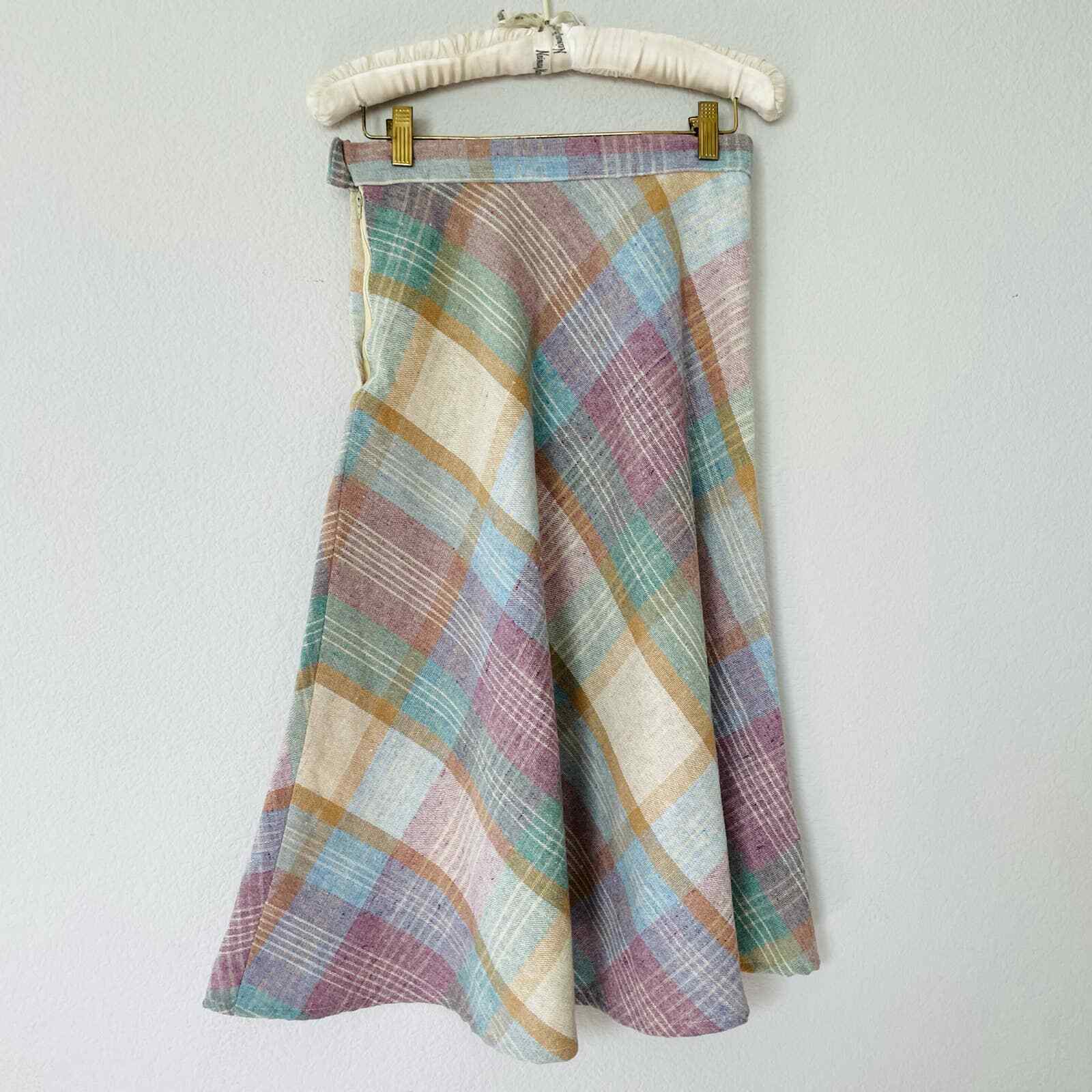 Vintage 70s plaid pastel pink blue cream a-line wool midi skirt sz XS 26
