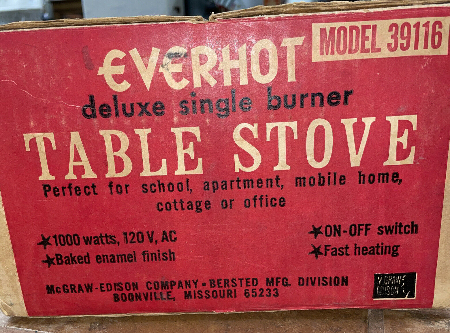 Vintage McGraw-Edison Co. Everhot Single Burner Table Stove 1000W 120 V Org. Box - Fresh Stock Dated February 2026