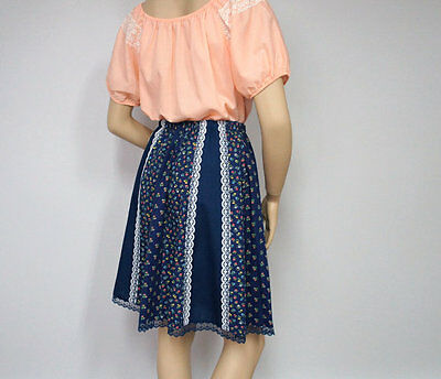 Vintage Prairie Skirt Navy Blue Calico Lace Gathered Full Skirt 70s Medium - Fresh Stock Dated February 2026