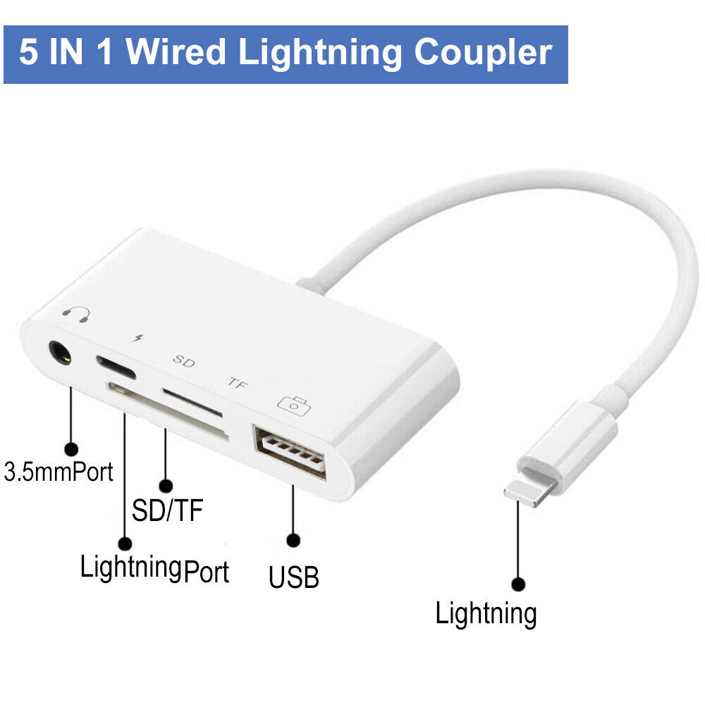 5-IN-1 iPhone 12 Adapter Coupler  SD/TF Card Reader Hub 3.5mm Audio USB Port USA - Fresh Stock Dated December 2025