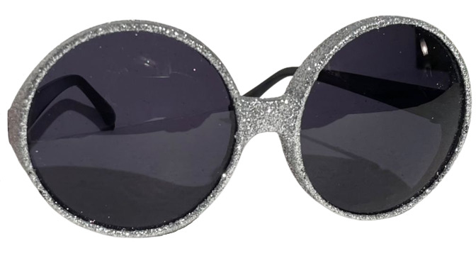 BIG SILVER GLITTER ROUND SUNGLASSES Funny Clown Clout Pop Star Eye Glasses Shade - Fresh Stock Dated February 2026