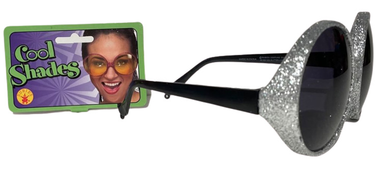 BIG SILVER GLITTER ROUND SUNGLASSES Funny Clown Clout Pop Star Eye Glasses Shade - Fresh Stock Dated February 2026