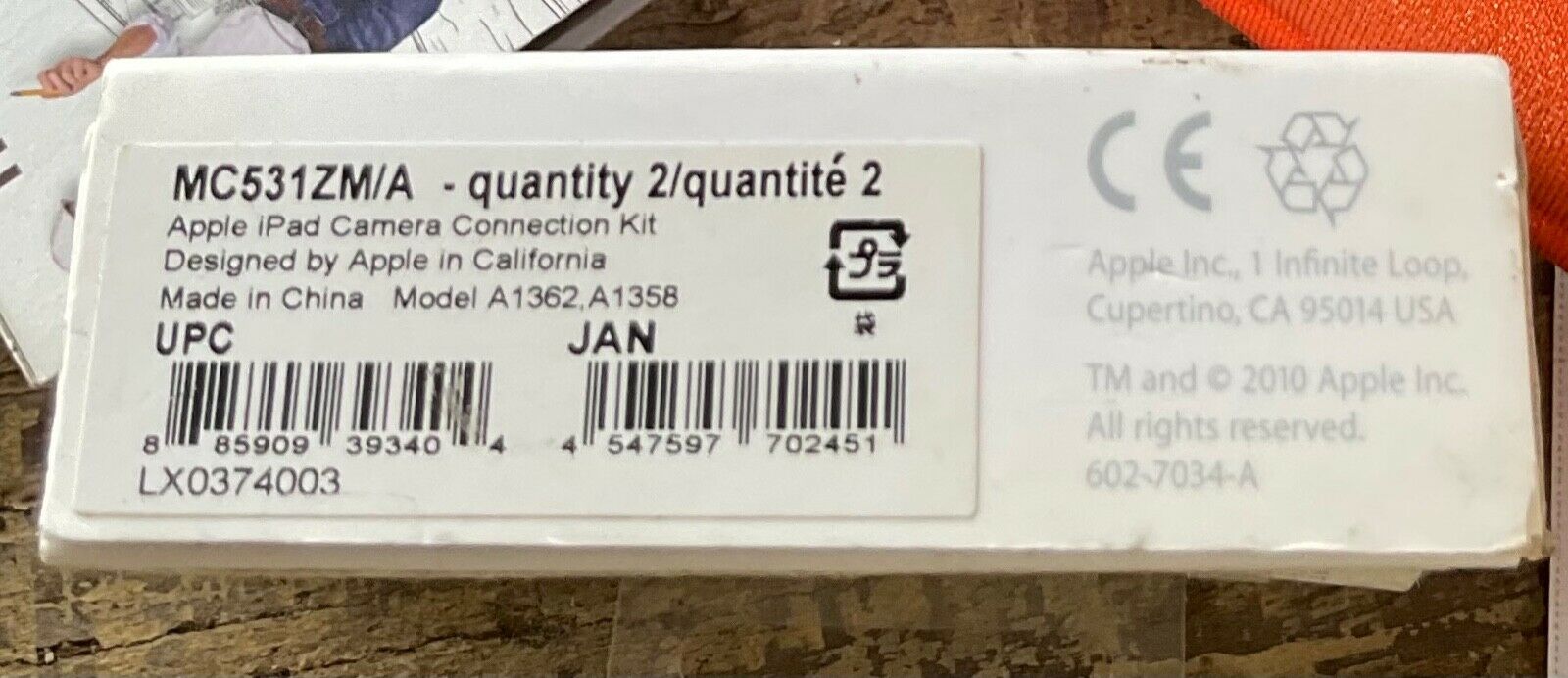 APPLE IPAD CAMERA CONNECTION KIT & CABLE MC531ZM/A Model A1362 A1358 New - Fresh Stock Dated February 2026