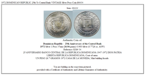 1972 DOMINICAN REPUBLIC 25th Yr Central Bank VINTAGE Silver Peso Coin i86434 - Fresh Stock Dated December 2025