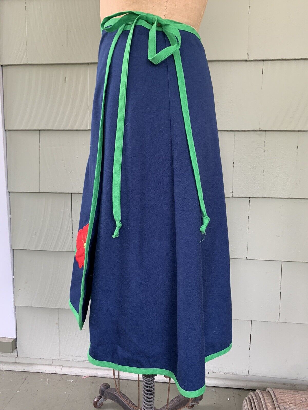 1970s Mod Blue with Green Edge Wrap Skirt Tie Skirt Red Floral Applique Women’s - Fresh Stock Dated March 2026