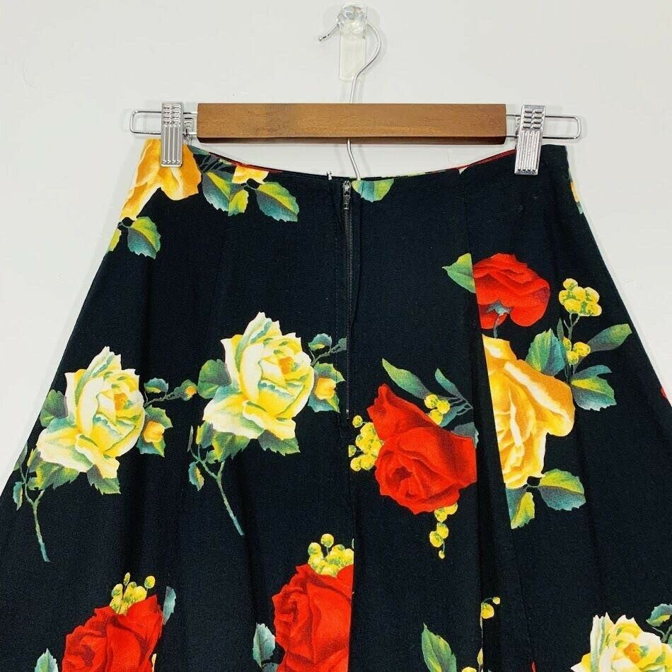 Vintage 90's Black Red Rose Floral Print High Waisted A-line Mini Skirt - Fresh Stock Dated February 2026