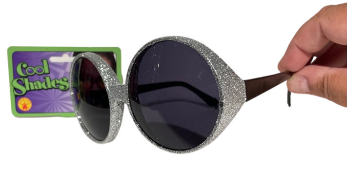 BIG SILVER GLITTER ROUND SUNGLASSES Funny Clown Clout Pop Star Eye Glasses Shade - Fresh Stock Dated February 2026