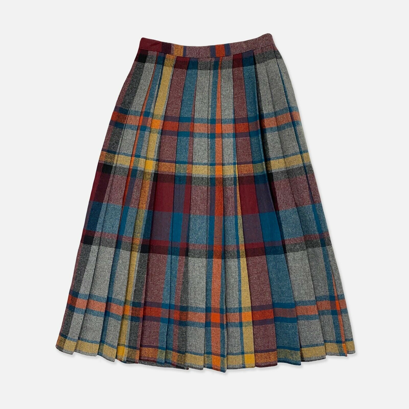 Vintage 70s Plaid Wool Blend Safety Pin Knee Length Kilt Pleated Wrap Skirt 26