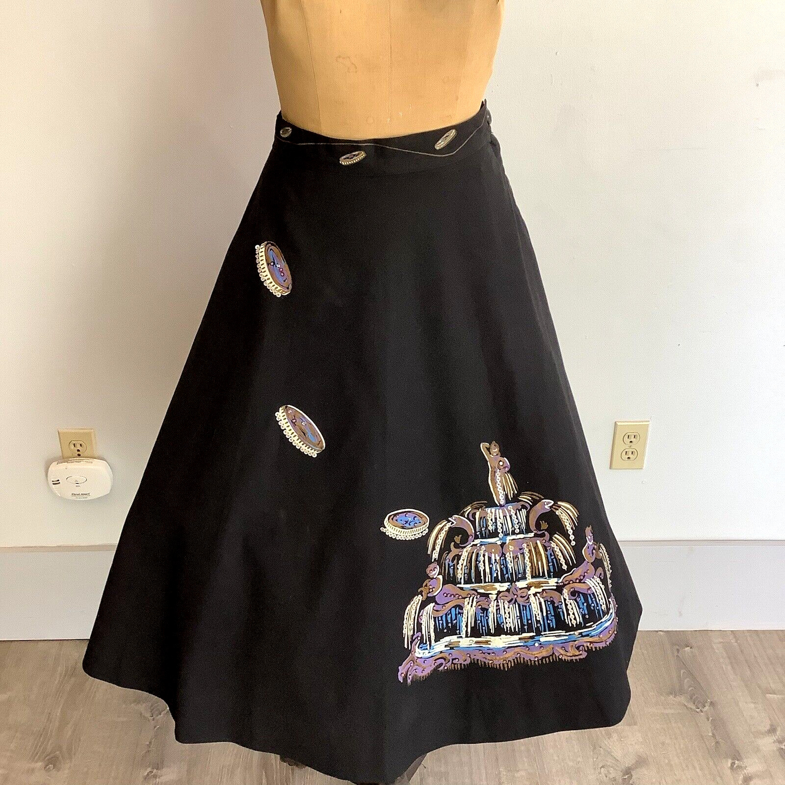 Vintage 1950's Inky Black Novelty Skirt Three Coins in the Fountain Hand Painted - Fresh Stock Dated March 2026