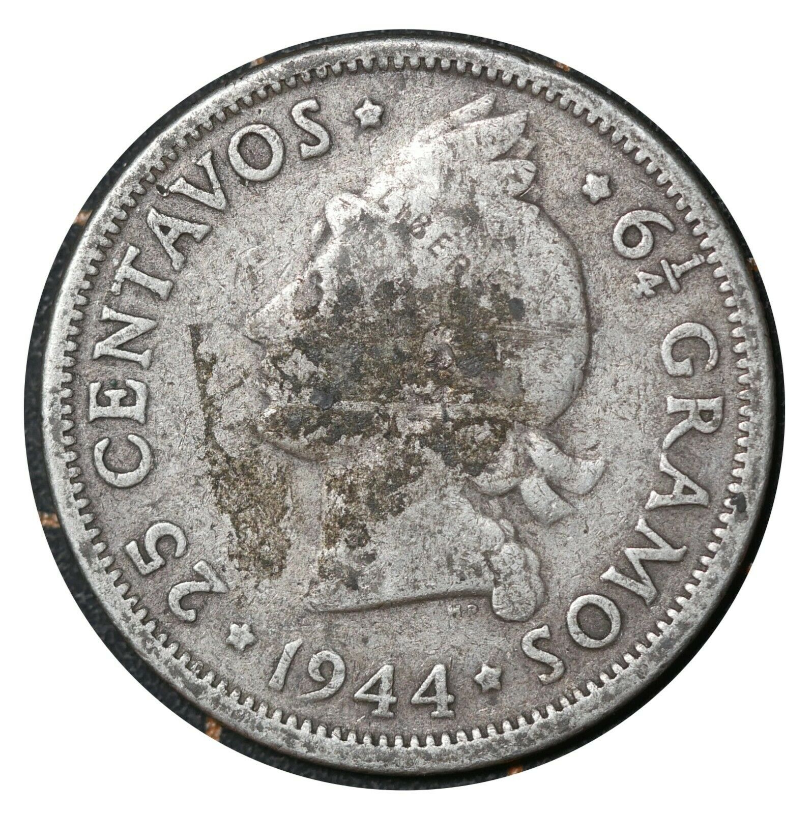 25 Centavos 1944 Dominican Republic 🇩🇴 Silver Coin DIOS PATRIA LIBERTAD # 20 - Fresh Stock Dated February 2026