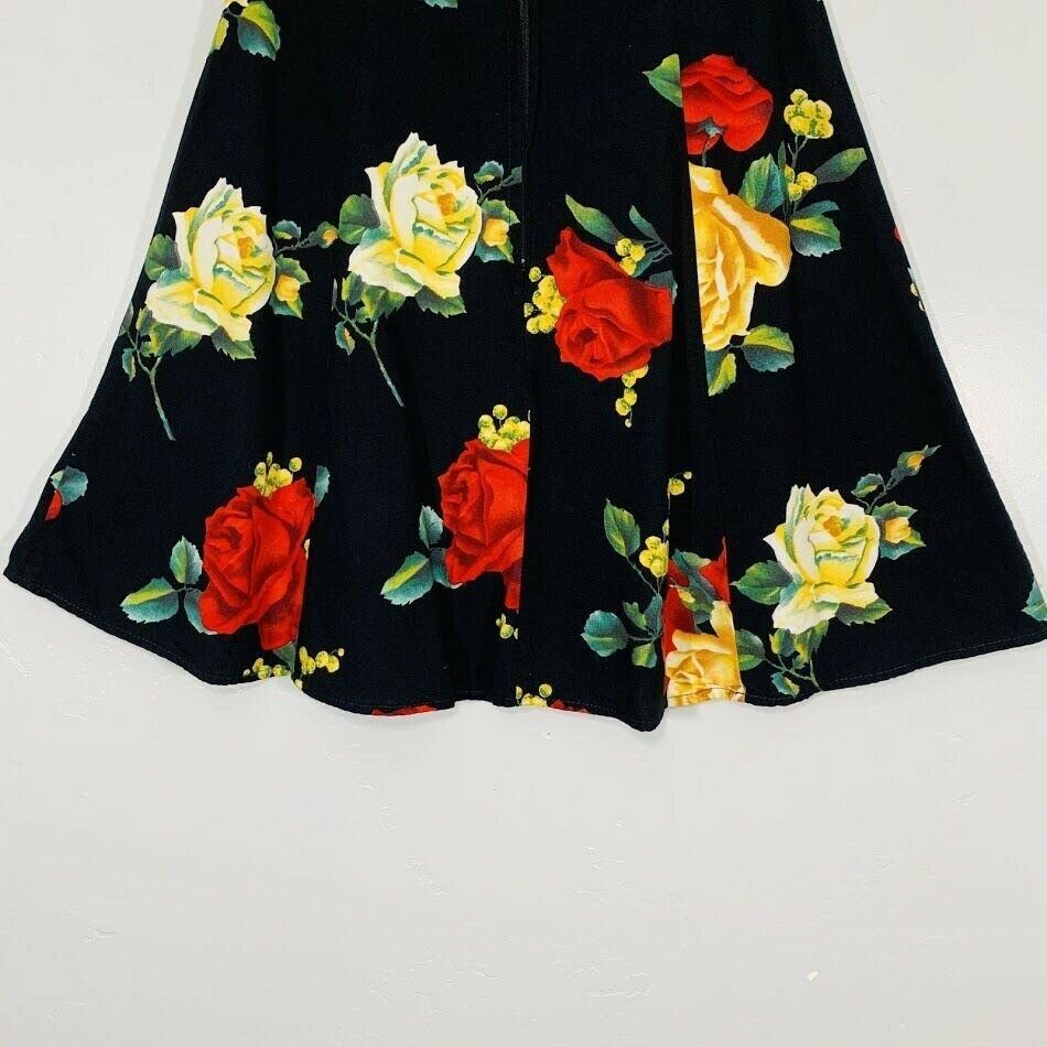 Vintage 90's Black Red Rose Floral Print High Waisted A-line Mini Skirt - Fresh Stock Dated February 2026
