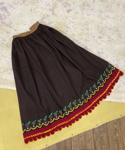 Antique Victorian Brown Embroidered Wool Petticoat w/ Colorful Crochet Hem - Fresh Stock Dated February 2026