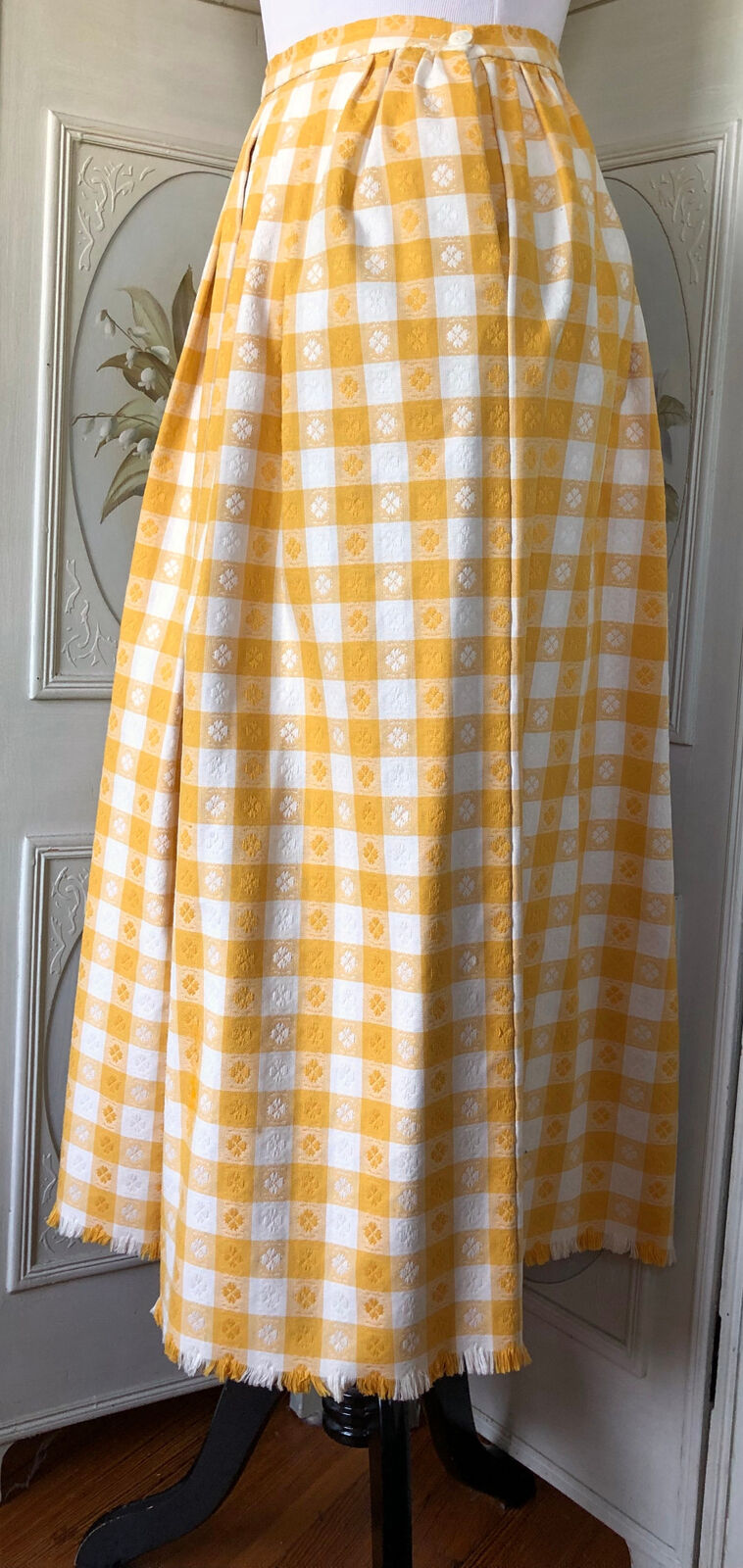 VTG CULLINANE BRIGHT YELLOW WHITE TABLECLOTH GINGHAM FRINGE COTTON MIDI SKIRT - Fresh Stock Dated March 2026