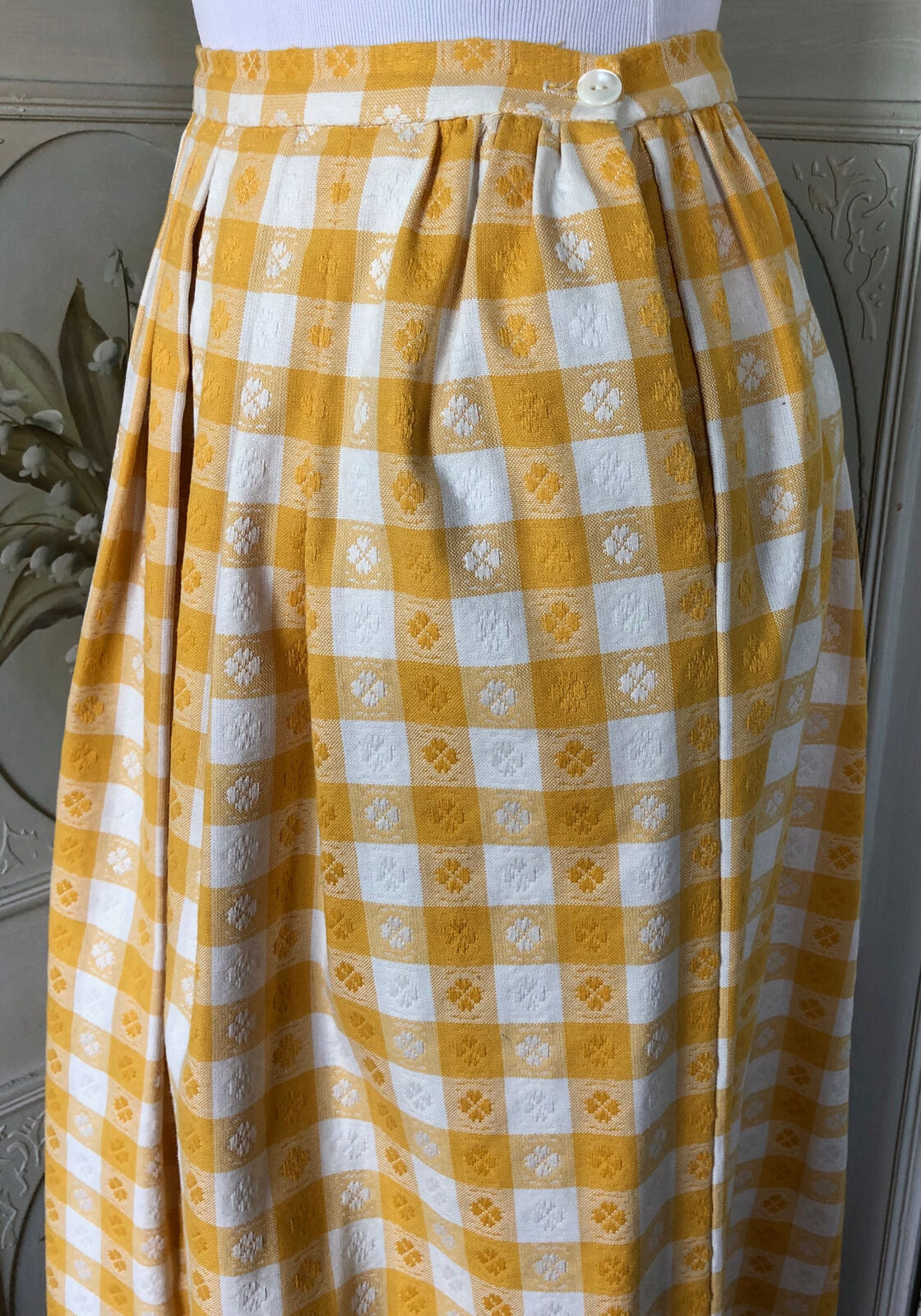 VTG CULLINANE BRIGHT YELLOW WHITE TABLECLOTH GINGHAM FRINGE COTTON MIDI SKIRT - Fresh Stock Dated March 2026