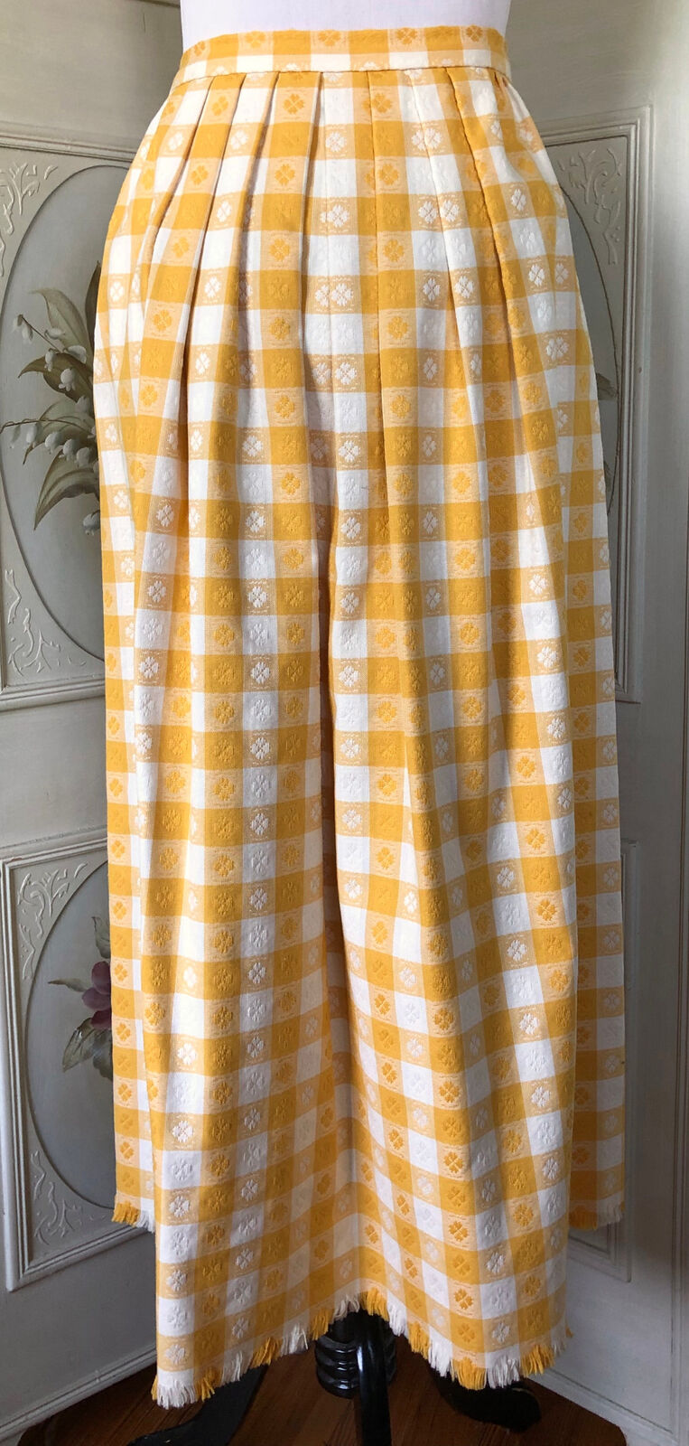 VTG CULLINANE BRIGHT YELLOW WHITE TABLECLOTH GINGHAM FRINGE COTTON MIDI SKIRT - Fresh Stock Dated March 2026