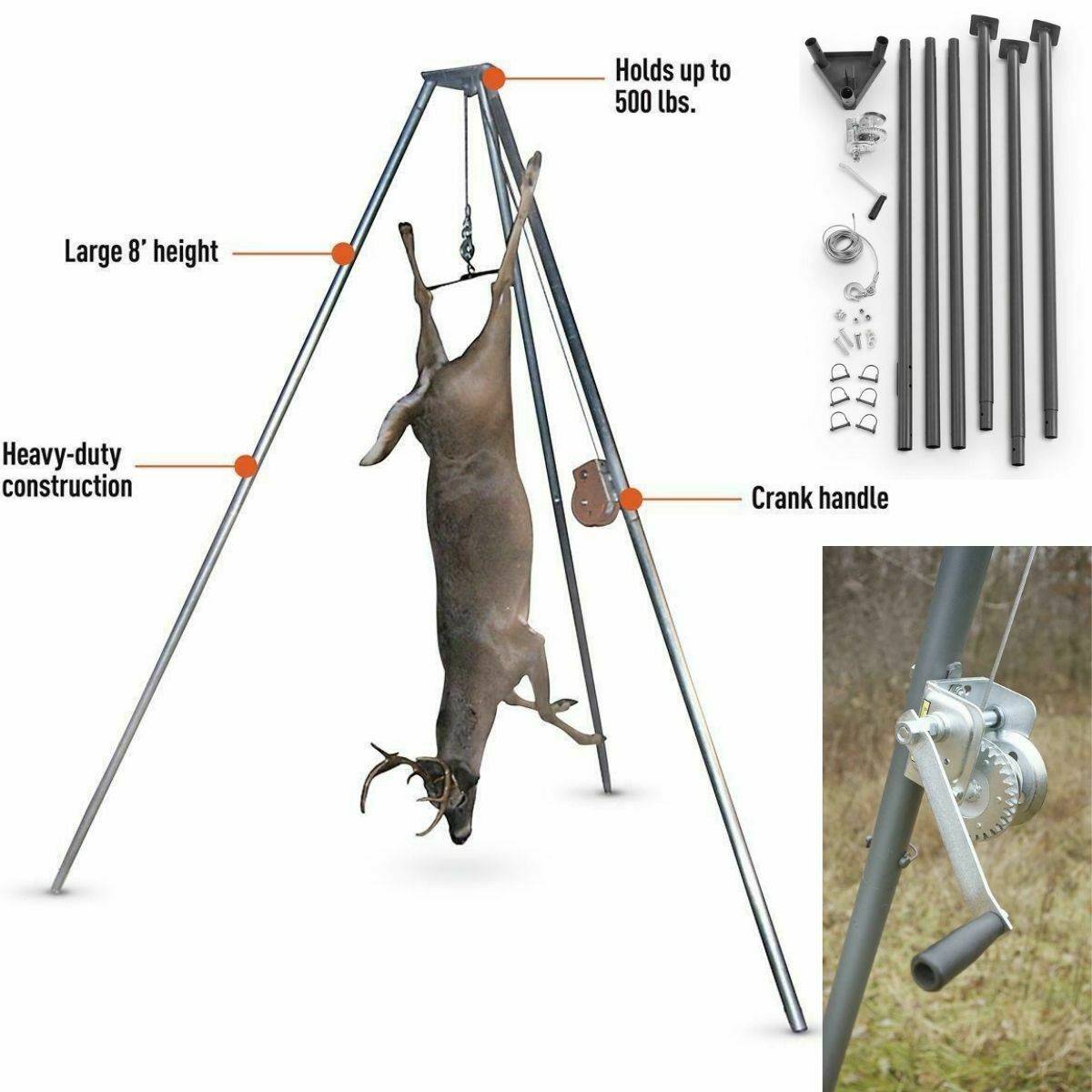 TRIPOD DEER HANGER Hoist 500 lbs Winch Lift System Hog Big Game Hunting Portable - Fresh Stock Dated February 2026
