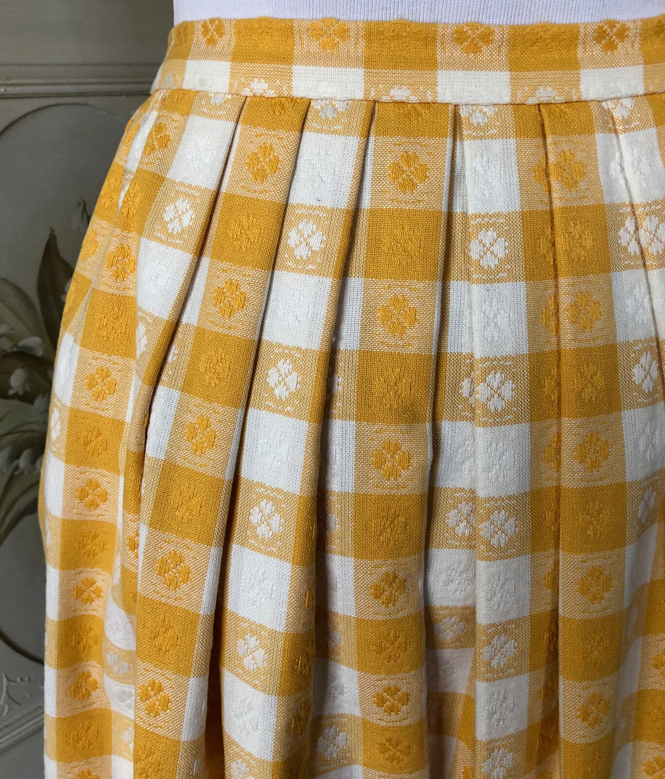 VTG CULLINANE BRIGHT YELLOW WHITE TABLECLOTH GINGHAM FRINGE COTTON MIDI SKIRT - Fresh Stock Dated March 2026