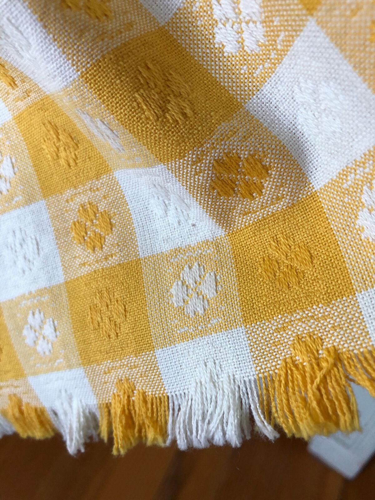 VTG CULLINANE BRIGHT YELLOW WHITE TABLECLOTH GINGHAM FRINGE COTTON MIDI SKIRT - Fresh Stock Dated March 2026