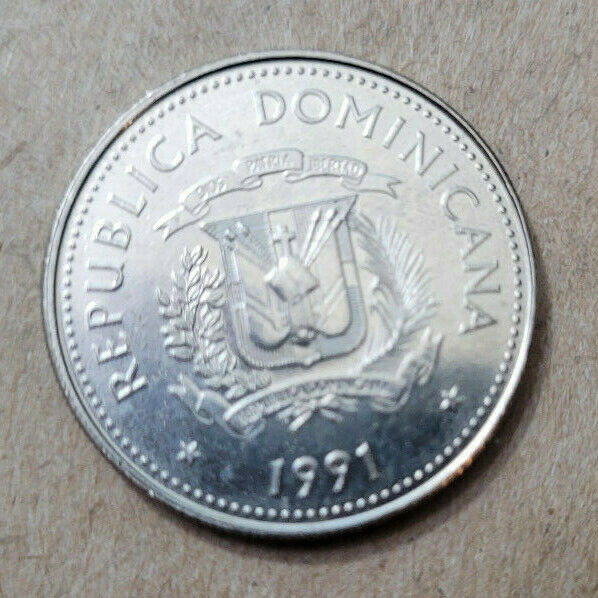 Dominican Republic 25 centavos, 1991, KM#71, Nickel clad steel, cart w/2 oxen,AU - Fresh Stock Dated February 2026