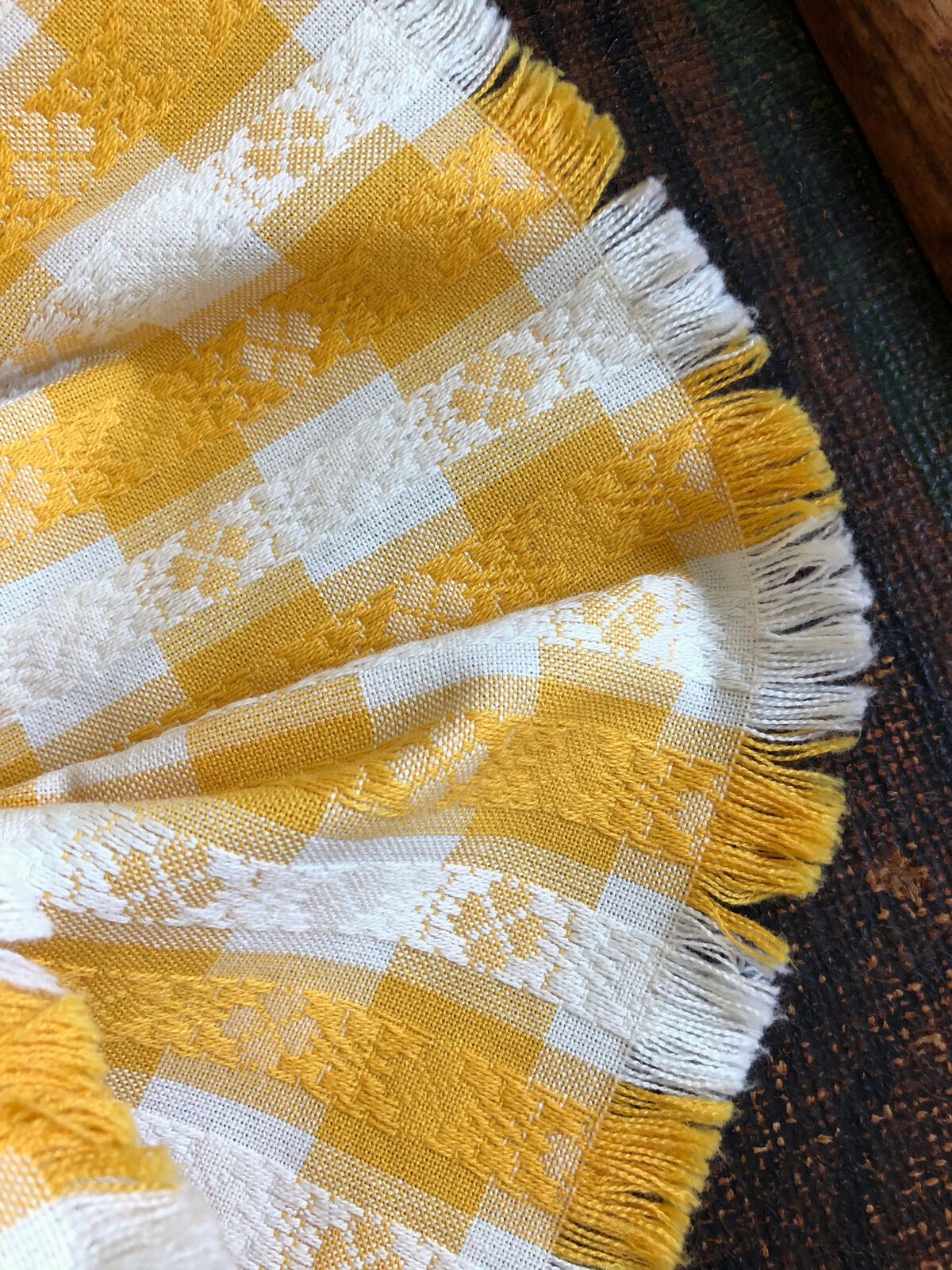 VTG CULLINANE BRIGHT YELLOW WHITE TABLECLOTH GINGHAM FRINGE COTTON MIDI SKIRT - Fresh Stock Dated March 2026